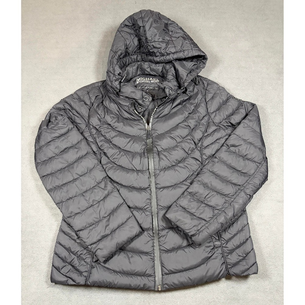 Michael Kors Puffer Jacket Womens Size L Black Packable Down Hooded